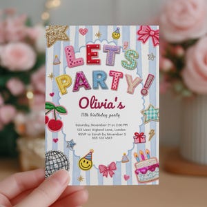 May include: A rectangular birthday party invitation card with a light blue and white striped background. The text reads LET'S PARTY! Olivia's 11th birthday party, Saturday, November 21 at 2:00 PM, 123 West Higland Lane, London, RSVP to Sarah by November 5, 555 123 4567.