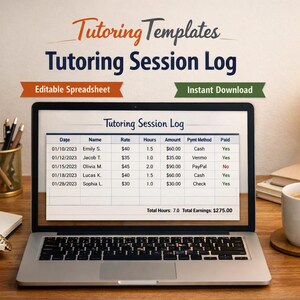 Puede incluir: Una pantalla de computadora portátil muestra una hoja de cálculo Tutoring Session Log con columnas para fecha, nombre, tarifa, horas, monto, método de pago y estado de pago. El texto Tutoring Templates aparece sobre la pantalla del portátil.