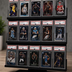 May include: A black three-tiered display stand holding fifteen graded sports trading cards in protective plastic cases. Each card features a professional athlete in action, with labels at the top indicating the player name, year, and card set.