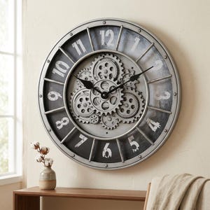 Puede incluir: Un reloj de pared redondo grande con marco de plata metálica y esfera gris oscuro. El reloj presenta números blancos del 1 al 12 y un mecanismo central de engranajes plateados entrelazados. Dos manecillas negras indican la hora.