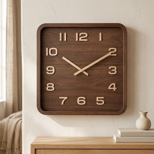 Könnte beinhalten: Eine quadratische Wanduhr mit einem Rahmen und Zifferblatt aus dunkelbraunem Holz. Sie verfügt über erhabene, helle Holzziffern für die Stunden 1 bis 6 und 8 bis 12 sowie zwei passende, helle Holzzeiger in der Mitte des Zifferblatts.