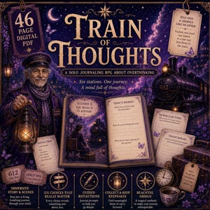 Puede incluir: Un PDF digital de 46 páginas titulado Train of Thoughts, un juego de rol de diario en solitario sobre la sobrepensamiento. La portada muestra a un jefe de estación con una linterna, un libro abierto con preguntas, un tren y tarjetas con texto.