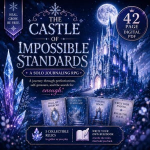 May include: A 42-page digital PDF solo journaling RPG titled The Castle of Impossible Standards. The cover features a dark blue fantasy castle under a full moon, with four cards labelled Hall of Mirrors, Endless Staircase, Throne Room, and Write Your Ending.