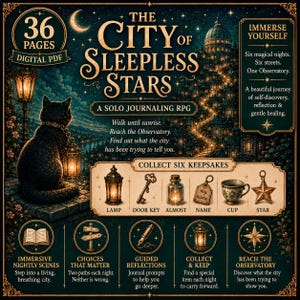 May include: A digital PDF solo journaling RPG titled The City of Sleepless Stars, featuring a black cat with a lantern, a winding path to an observatory, and six collectible keepsakes including a lamp, key, bottle, tag, cup, and star icon.