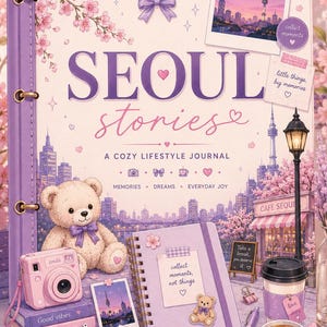 May include: A purple spiral-bound journal titled SEOUL stories A COZY LIFESTYLE JOURNAL featuring a teddy bear, a pink instant camera, a stack of books, a coffee cup, and a smaller notebook with the text collect moments, not things.
