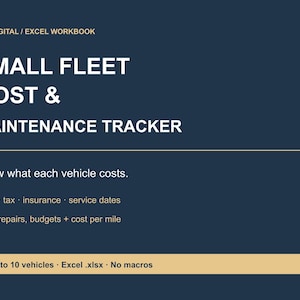 Op de afbeelding: Een donkerblauw digitaal Excel-werkboek getiteld Small Fleet Cost & Maintenance Tracker. Het bevat functies zoals APK, belasting, verzekering, onderhoudsdata, brandstof, reparaties, budgetten en kosten per mijl. Een beige balk vermeldt 10 voertuigen.