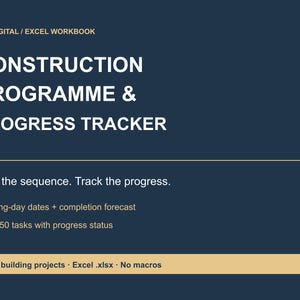 Peut inclure: Un classeur Excel numérique bleu foncé intitulé Construction Programme & Progress Tracker par LJL Digital. Il comprend des champs pour les dates ouvrables, les prévisions d'achèvement et jusqu'à 50 tâches avec suivi de progression.