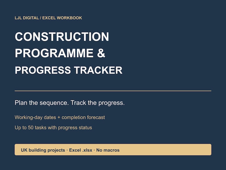 Pu&ograve; includere: Una cartella di lavoro Excel digitale blu scuro intitolata Construction Programme & Progress Tracker di LJL Digital. Include campi per date lavorative, previsioni di completamento e fino a 50 attivit&agrave; con stato di avanzamento.