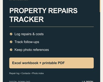 Strumento di monitoraggio per manutenzione e riparazioni per proprietari di immobili nel Regno Unito / Foglio di calcolo Excel, registro fotografico e PDF