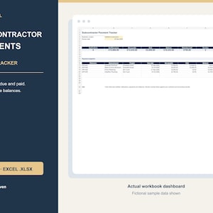 May include: A digital spreadsheet template titled Subcontractor Payments Excel Tracker by LJL Digital. The interface displays a dashboard with columns for reference, subcontractor, project, date, net payable, paid, balance, and status with sample data.