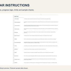 Pu&ograve; includere: Un documento di foglio di calcolo digitale intitolato CLEAR INSTRUCTIONS con un elenco numerato di regole di gestione del progetto, logica di avanzamento e controlli campione. Il testo delinea le linee guida per la configurazione e il monitoraggio.