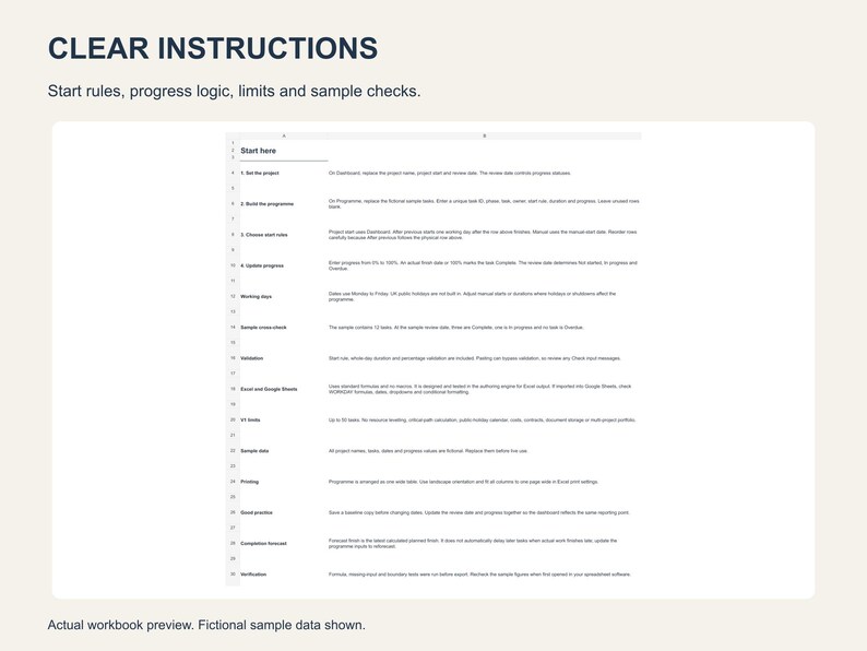 Pu&ograve; includere: Un documento di foglio di calcolo digitale intitolato CLEAR INSTRUCTIONS con un elenco numerato di regole di gestione del progetto, logica di avanzamento e controlli campione. Il testo delinea le linee guida per la configurazione e il monitoraggio.