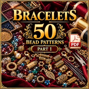 May include: A digital PDF guide titled BRACELETS 50 BEAD PATTERNS PART 1, surrounded by gold-toned jewelry findings, assorted colorful beads in a wooden organizer, spools of thread, and metal pliers on a deep red velvet fabric background.