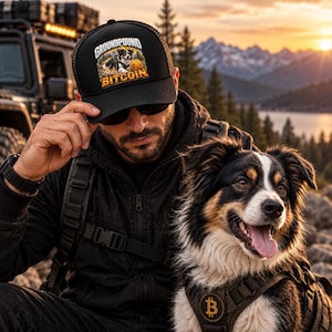 May include: A black trucker hat featuring a graphic print of an Australian Shepherd dog and a Bitcoin symbol with the text GROUNDPOUND BITCOIN. The cap has a structured front panel and a mesh back, displaying a detailed illustration of the dog.