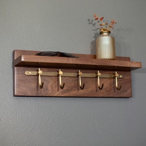 Solid Walnut Key Rack, Brass Hooks, Oil Rubbed Bronze Hooks, Key Holder image 1