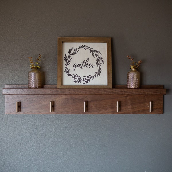 Solid Walnut Coat Rack with Picture Ledge, Wall Mount Coat Rack, Entryway Shelf , Coat hanger