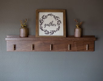 Solid Walnut Coat Rack with Picture Ledge, Wall Mount Coat Rack, Entryway Shelf , Coat hanger