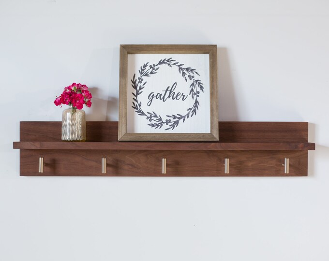 Solid Walnut Coat Rack With Shelf, Wall Mount Coat Rack, Entryway Shelf
