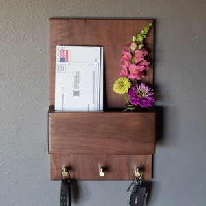 Solid Walnut Mail Organizer and Key Rack, Key Rack with Brass Knobs, Wall Mount Mail Holder