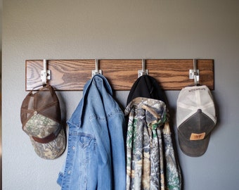 Solid Oak Coat Rack, Solid Oak Hat Rack with Brushed Nickel Hooks