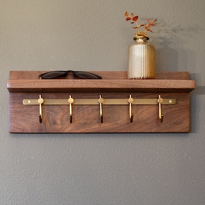 Solid Walnut Key Rack, Brass Hooks, Oil Rubbed Bronze Hooks, Key Holder image 3