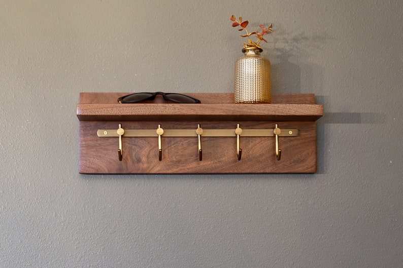 Solid Walnut Key Rack, Brass Hooks, Oil Rubbed Bronze Hooks, Key Holder image 3