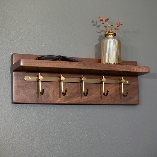 Solid Walnut Key Rack with Brass Hooks - Entryway Organizer