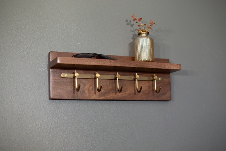 Solid Walnut Key Rack, Brass Hooks, Key Holder 