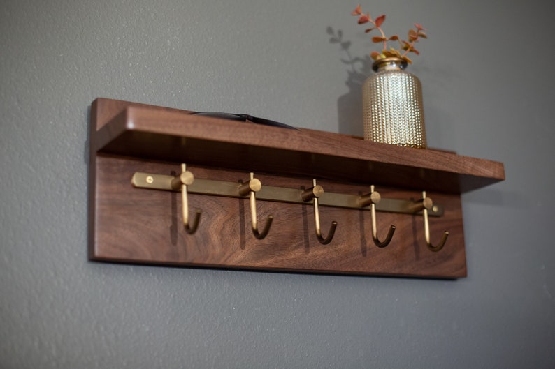 Solid Walnut Key Rack, Brass Hooks, Oil Rubbed Bronze Hooks, Key Holder image 5