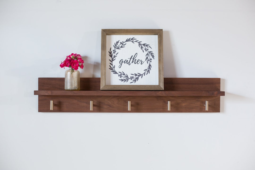 Solid Walnut Coat Rack With Shelf Wall Mount Coat Rack Entryway Shelf Coat Hanger Black Walnut Etsy