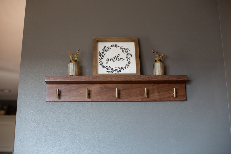 Solid Walnut Coat Rack with Picture Ledge, Wall Mount Coat Rack, Entryway Shelf , Coat hanger image 4