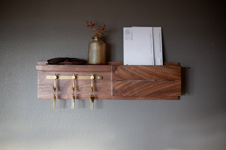 Solid Walnut Entryway Organizer: Mail Holder and Key Rack image 3