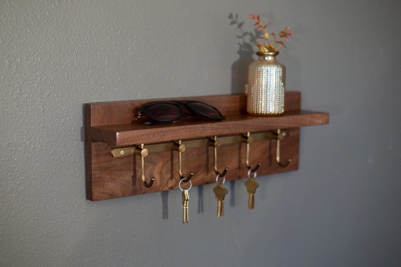 Solid Walnut Key Rack, Brass Hooks, Oil Rubbed Bronze Hooks, Key Holder image 6