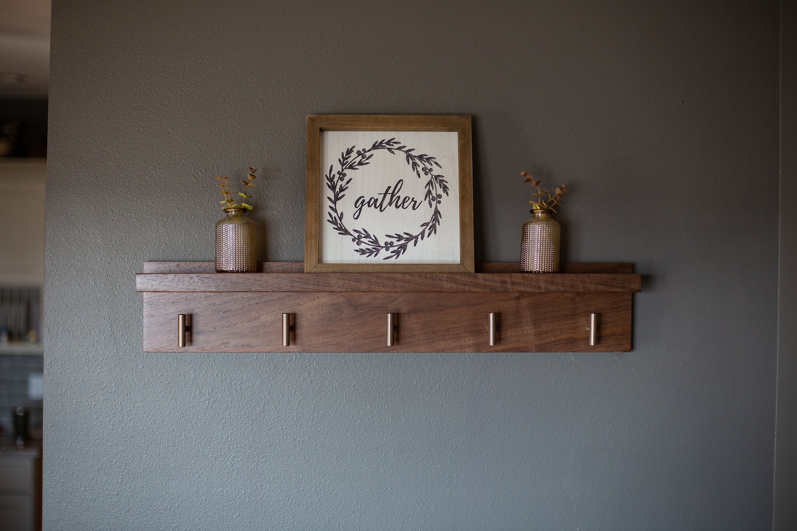 Solid Walnut Coat Rack with Shelf: Entryway Organizer - Brass Knobs
