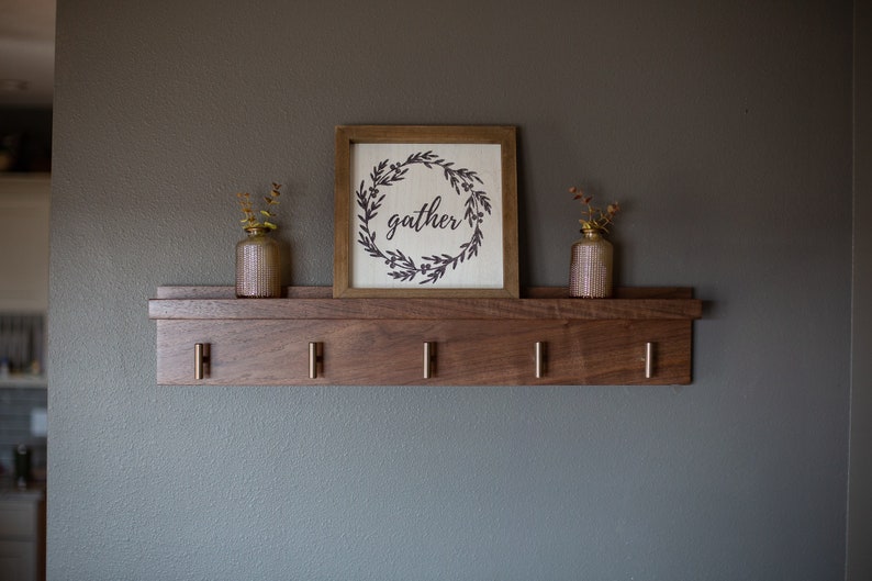 Solid Walnut Coat Rack with Picture Ledge, Wall Mount Coat Rack, Entryway Shelf , Coat hanger image 1