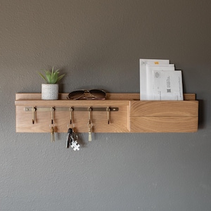 Solid White Oak Key Hook Entryway Organizer, Mail Holder, Key Hooks with Mail Holder, Wall Mount Key Hooks, Mail Organizer