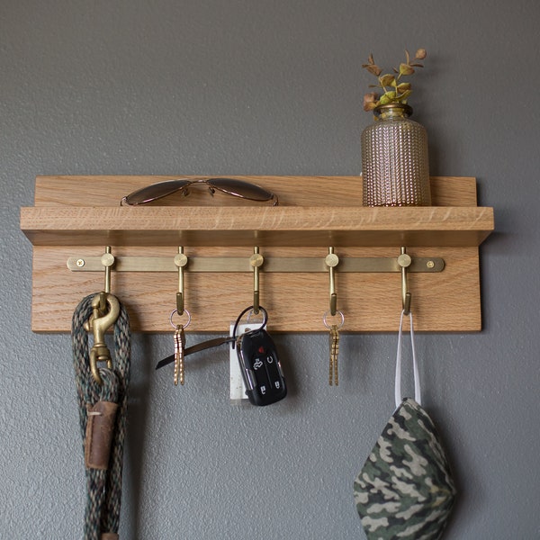 Solid White Oak Key Rack, Entryway Organizer, Solid Wood Rack with Hooks, Key Holder