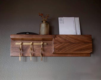 Solid Walnut Entryway Organizer: Mail Holder and Key Rack