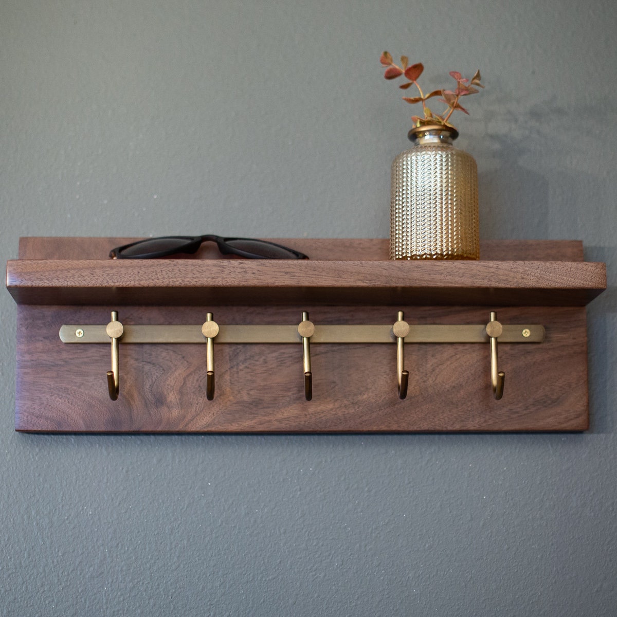 Solid Walnut Key Rack, Brass Hooks, Oil Rubbed Bronze Hooks, Key Holder - Etsy