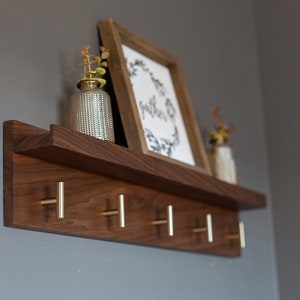 Solid Walnut Coat Rack with Picture Ledge, Wall Mount Coat Rack, Entryway Shelf , Coat hanger image 2