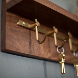 Solid Walnut Key Rack, Brass Hooks, Oil Rubbed Bronze Hooks, Key Holder image 2