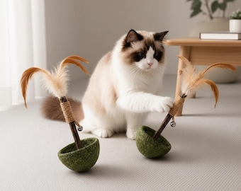 Interactive Cat Feather Toy, Bell Indoor Play Green Wobble Base, Wood Wand Play