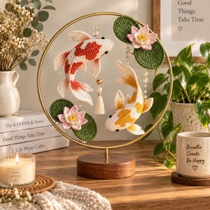 May include: A decorative tabletop ornament featuring two crocheted koi fish, one red and white and one yellow and white, suspended within a gold metal ring on a wooden base. The display includes two crocheted pink lotus flowers and green lily pads.