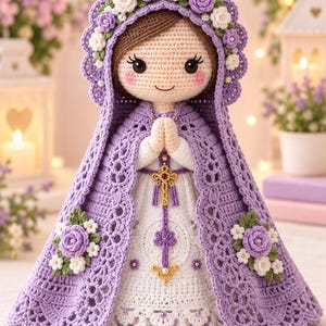 Crochet Flower Maiden Doll Pattern, Lavender Lace Hood, Rose Crown Amigurumi (PDF)