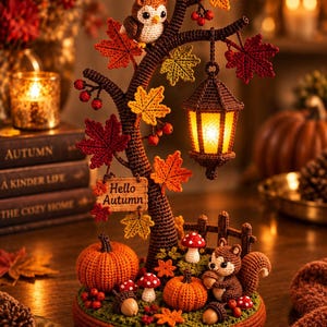 May include: A crocheted autumn-themed display featuring a brown tree with orange and red leaves, a small owl, a hanging lantern, two pumpkins, mushrooms, and a squirrel. A wooden sign hanging from the tree branches displays the text Hello Autumn.