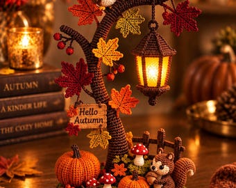 May include: A crocheted autumn-themed display featuring a brown tree with orange and red leaves, a small owl, a hanging lantern, two pumpkins, mushrooms, and a squirrel. A wooden sign hanging from the tree branches displays the text Hello Autumn.