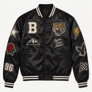 Black Satin Varsity Jacket, Patchwork Bomber, Tiger Rose Eagle Patches (Streetwear)