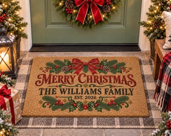 Personalized Merry Christmas Doormat, Custom Family Welcome Mat, Holiday Door Decor