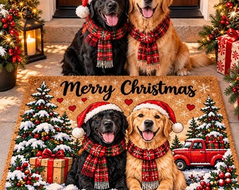 Personalized Christmas Pet Doormat, Custom Cat & Dog Welcome Mat, Santa Hat Pet Doormat, Christmas Gift, Reindeer, Custom Pet Doormat