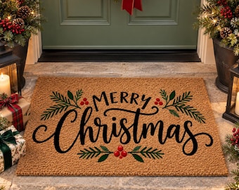 Merry Christmas Doormat, Holiday Welcome Mat, Winter Door Mat, Christmas Gift, Festive Coir Rug, Xmas Porch Decor, Holiday Gift